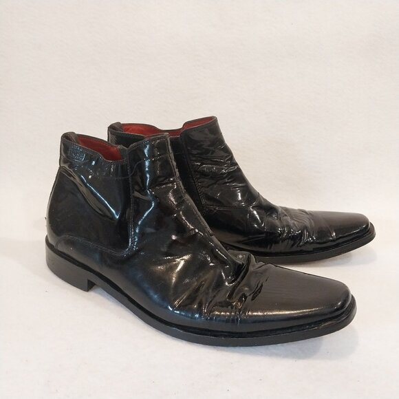 Hugo Boss Black Patent Leather Boots Mens 9 Designer Shoes Side Zipper - Picture 1 of 12